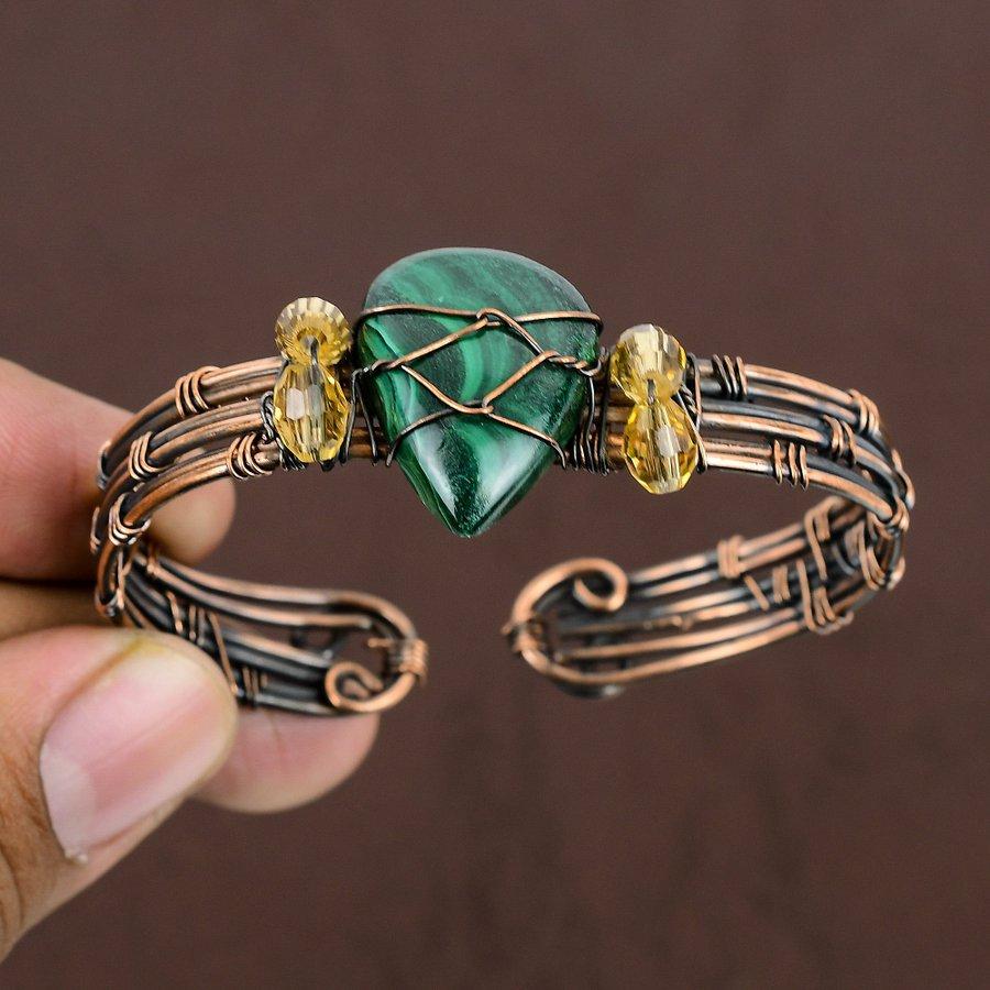 Natural Malachite Gemstone Handmade Copper Wire Wrap Cuff Bangle Adjustable E2z20
