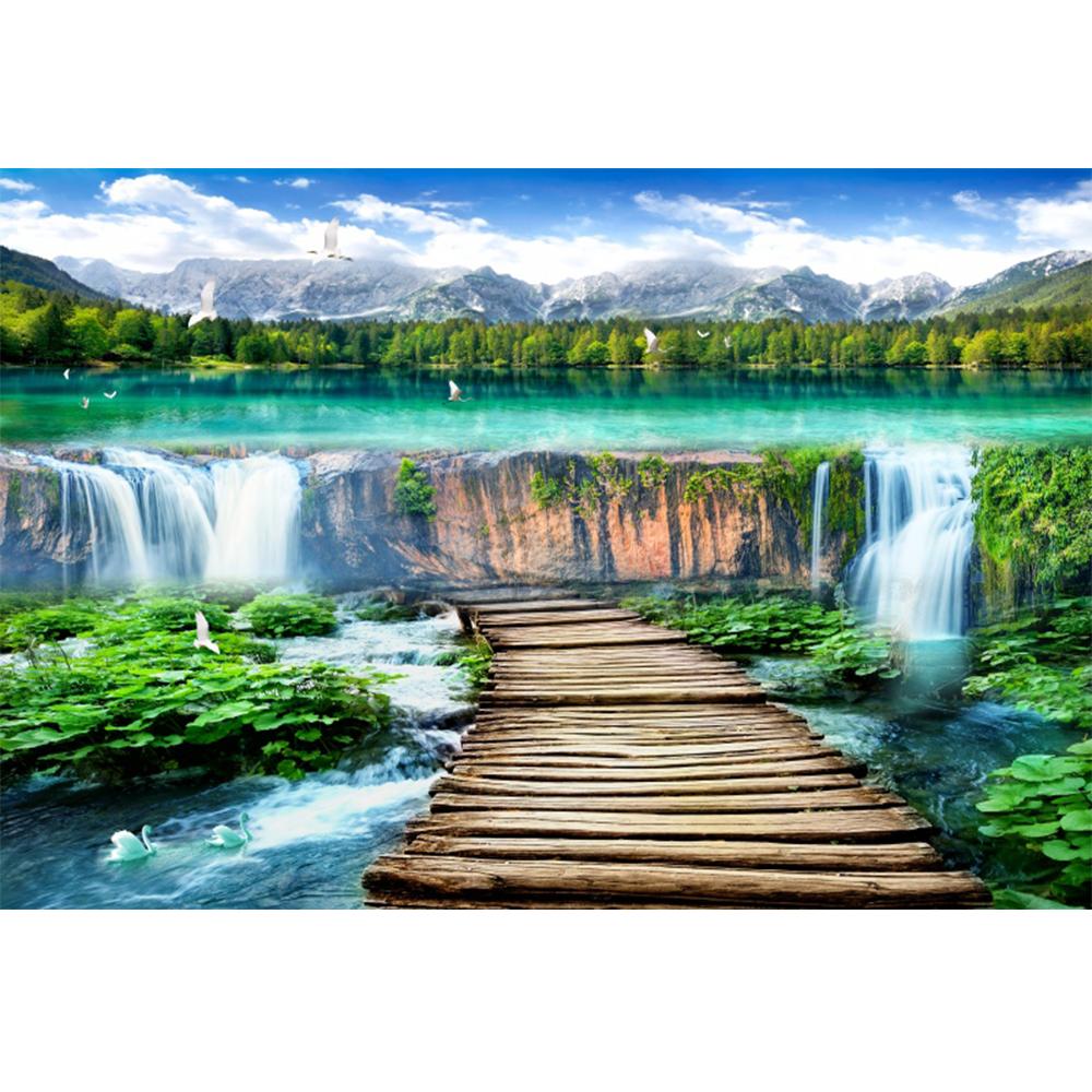 Waterfalls Wallpaper Landscape Wood Bridge Photo Mural Living Room Bedroom Restaurant Wall Stickers