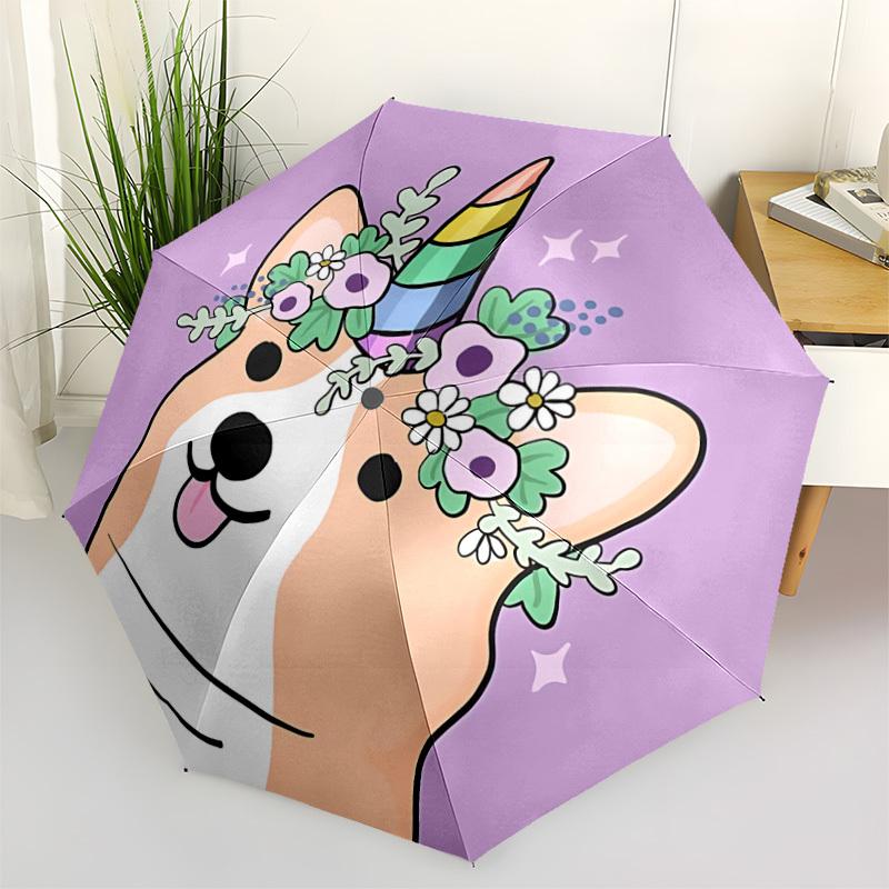 1pc Unicorn Corgi Fashionable Automatic Opening/Closing Folding Umbrella with 8 Bones, Windproof Portable, Daily Use073
