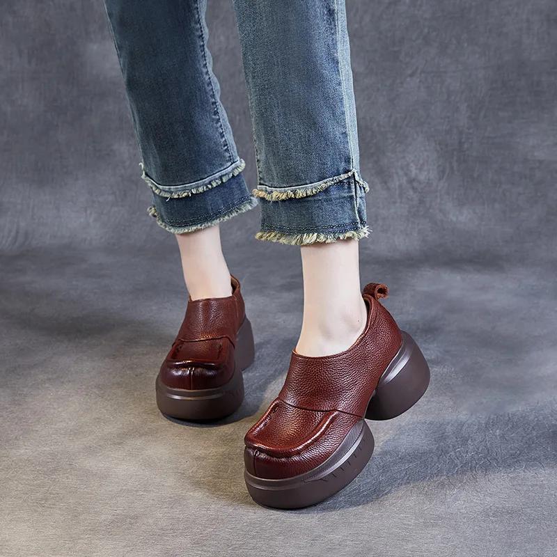 

Fujin/женская осенняя обувь 6 см, женская обувь без шнуровки из коровьей кожи, новая модная женская обувь на танкетке в этническом стиле, круглая весенняя обувь Мэри Джейн 40 коричневый