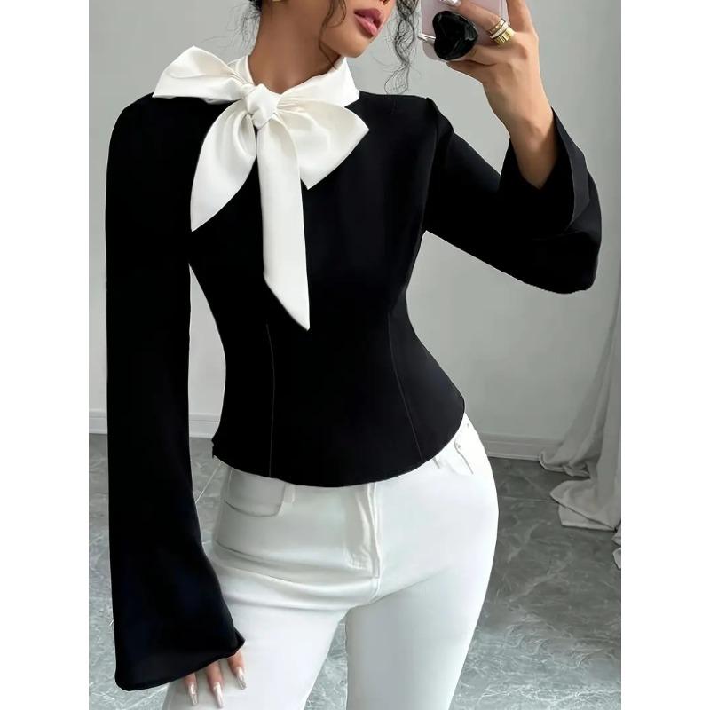 

Весенняя женская рубашка со шнуровкой и длинным рукавом с галстуком-бабочкой S чёрный