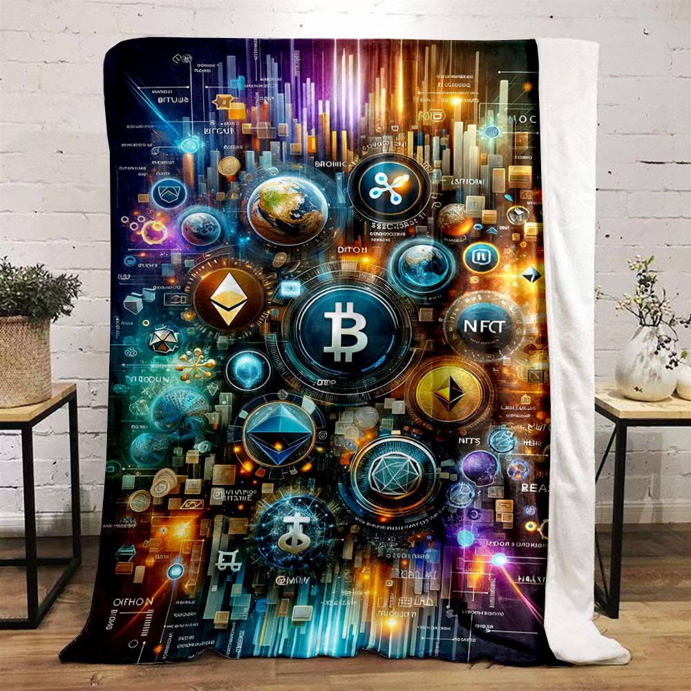 Dynamic cryptocurrency symbols with glowing digital elements and graphs. for all seasons blanket lunch break throw gift