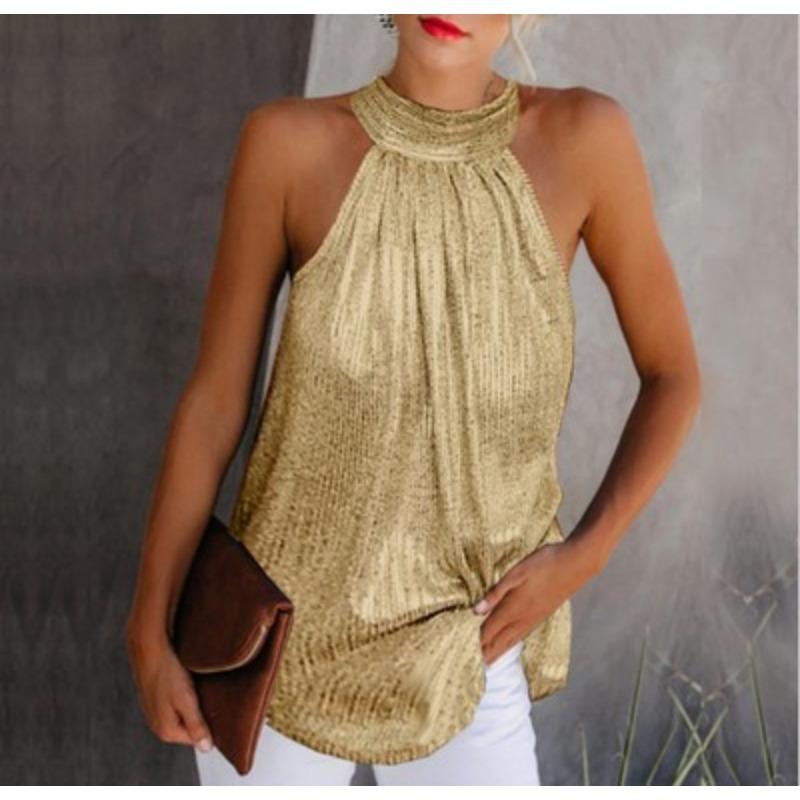 Top casual senza maniche con finitura argento lucido e zip sul collo a goccia