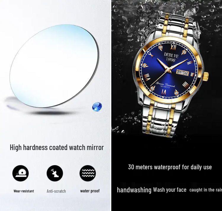 Men's Swiss Double Calendar Watch with Alloy Steel Band, Waterproof & Luminous.