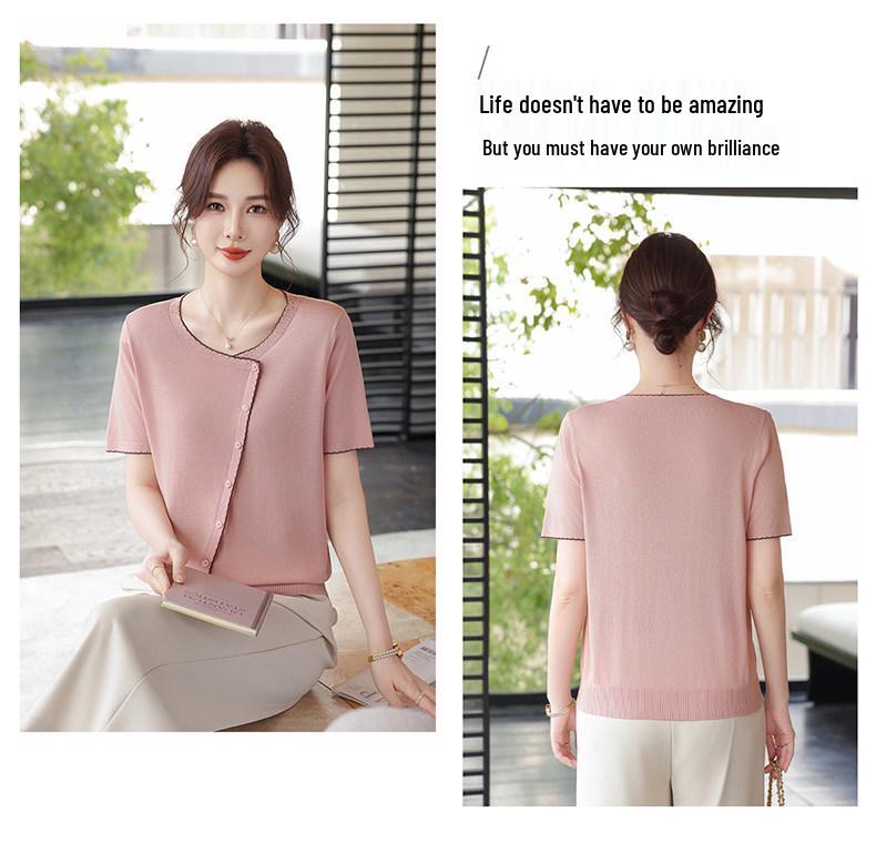 2026 Ice Silk Summer T-Shirt Set for Middle-Aged & Elderly Women: Short-Sleeve, Stylish, Lightweight Knitted Top