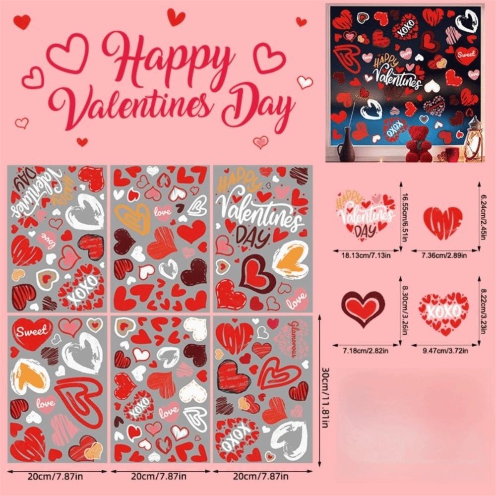 6 Sheets Heart Valentine S Day Window Stick Double-Sided PVC Window Decorations Static Cling Sticker Valentine S Day