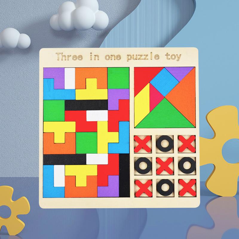 Children's Wooden Three-in-one Russian Tangram Early Education Puzzle 3 + Baby Fun Enlightenment Puzzle Toy