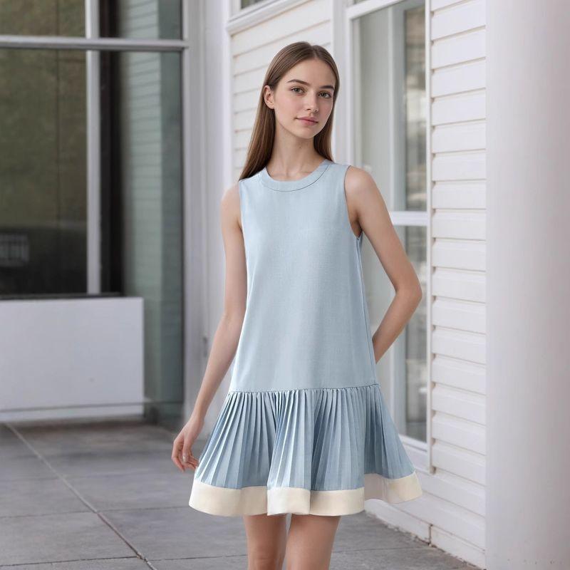 Fashion Style New Arrival Fashion Casual Loose Round Neck Sleeveless Ruched Dress Loose Pleated Dress