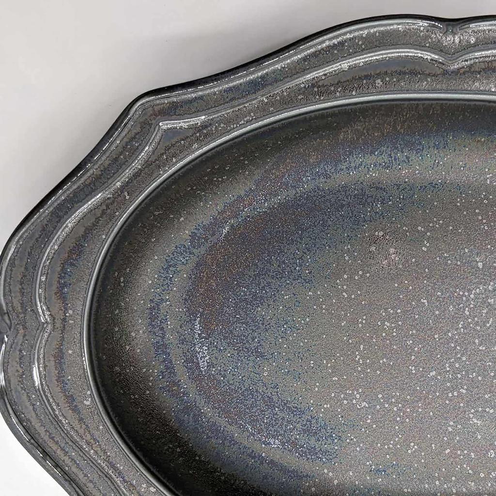 Utsuwa Roan Mino Ware "cadre" Oval Plate with Relief Pattern, Approx. 25 X 18 Cm Diameter, Silver-Black, Iridescent, Made In Japan, Microwave Safe, 51