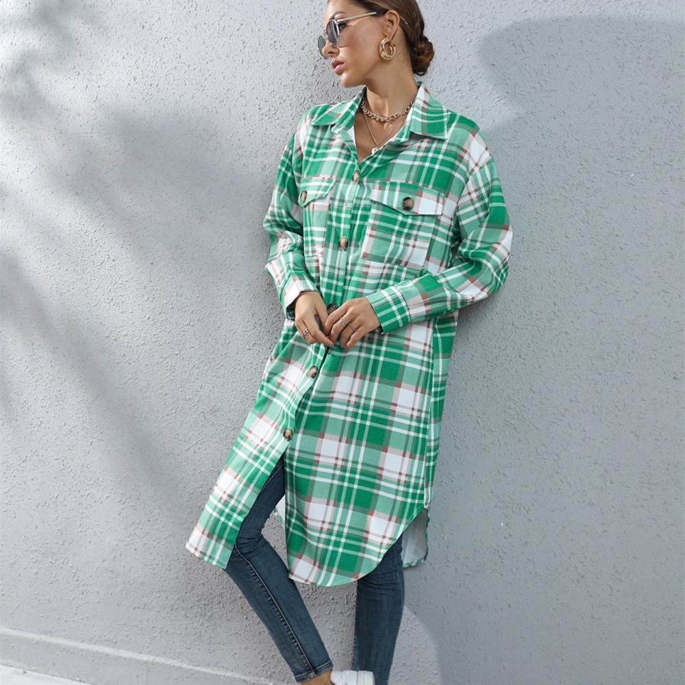 

QICED женские винтажные повседневные повседневные клетчатые куртки и пальто с воротником-поло на осень-зиму с длинными рукавами XXL зелёный