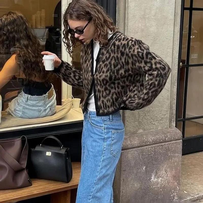 

Леопардовый принт вязаный кардиган женский свободный с круглым вырезом и длинным рукавом повседневный свитер с цветными блоками модный кардиган на пуговицах топ Y2k L коричневый