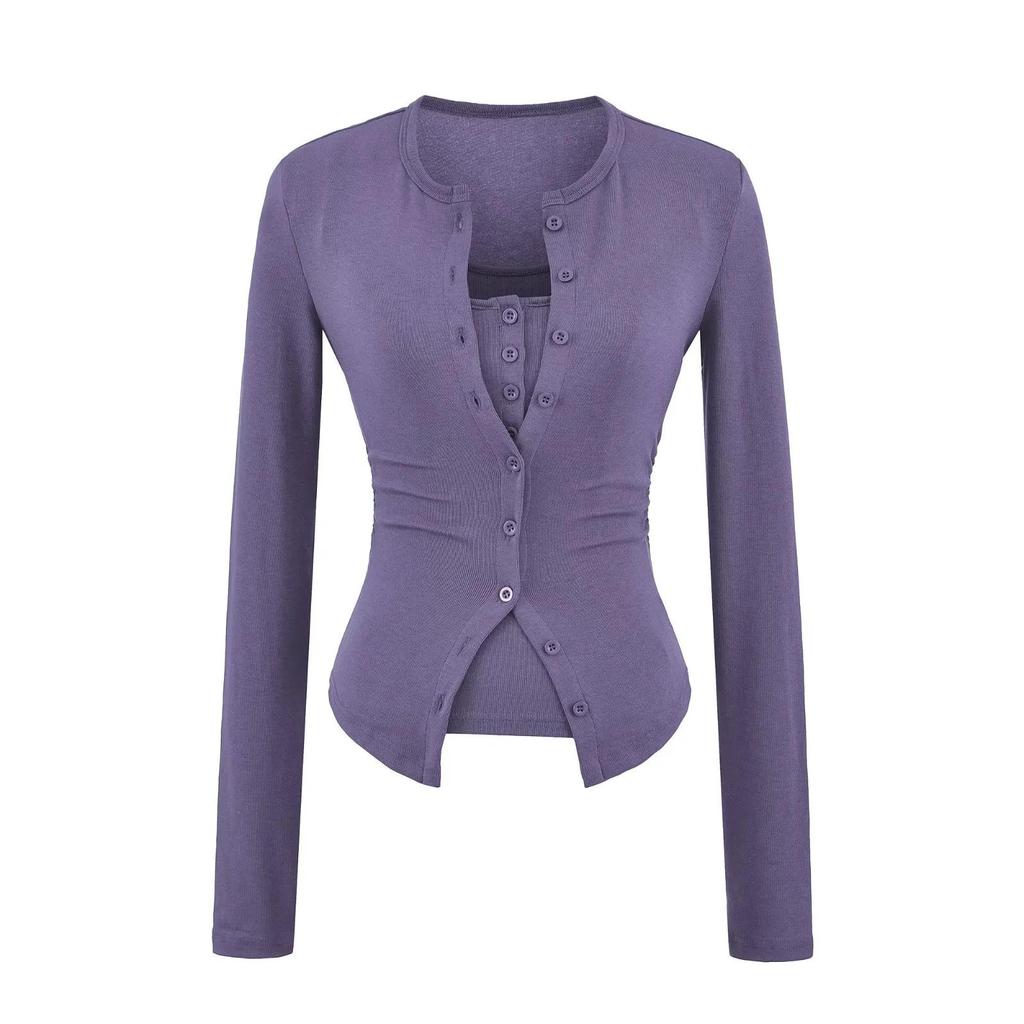 American Style Women's Waist-Cinched Button-Down Cardigan Vest and T-Shirt Two-Piece Set