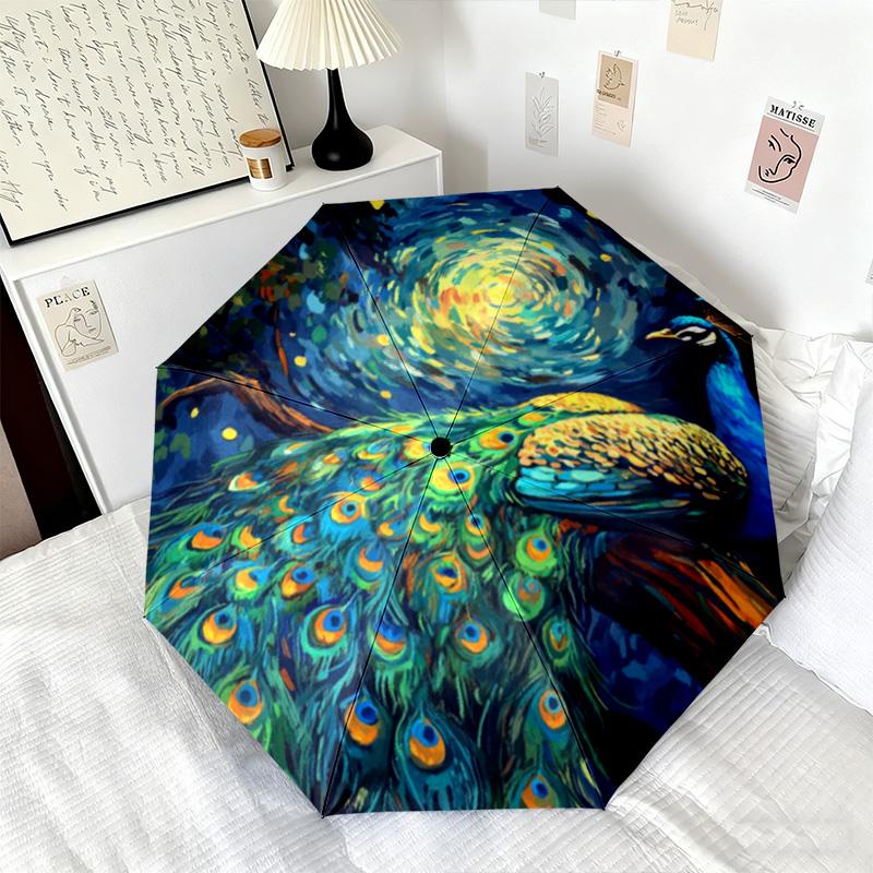 1PC Peacock Starry Night Automatic Umbrella - Suitable Travel Outdoor Portable Umbrella Birthday Gift Daily Essentials
