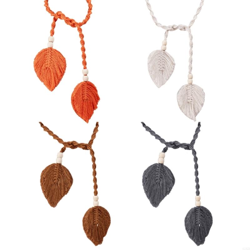 62KD 2Pcs Window Curtain Handknitted Tiebacks Bohemian Leaf Tassels Curtain Holdbacks with Wooden Beads for Drapes Tiebacks