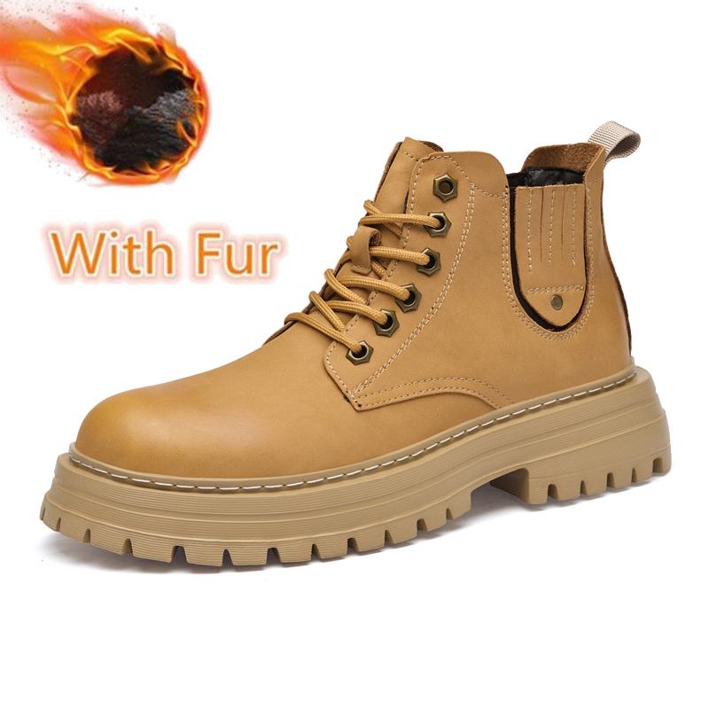 Herren Warme Winter Freizeitschuhe mit Dickem Boden Klassische Echtleder Herren Stiefeletten Schnürschuhe Bequeme Motorradstiefel Wanderschuhe