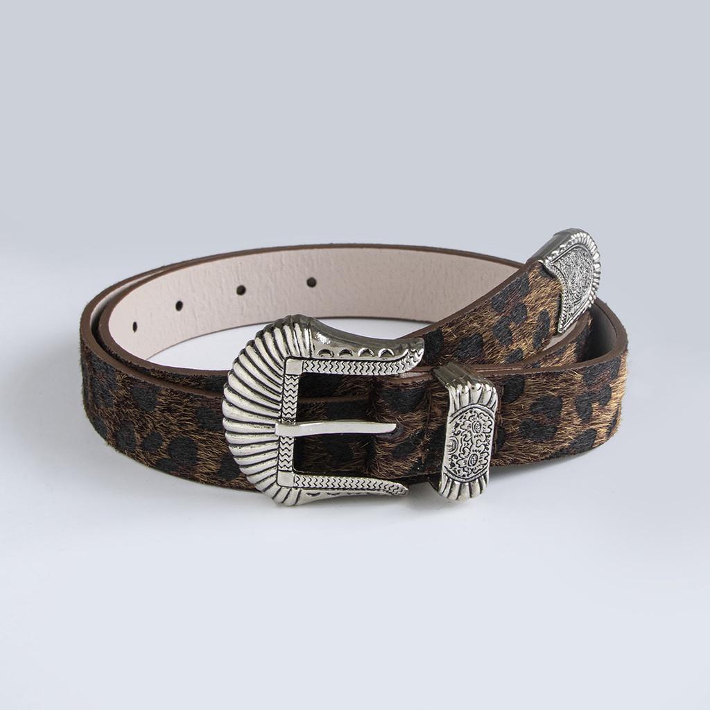 Faux Leather Western Buckle Belt For Women With Animal Print Design