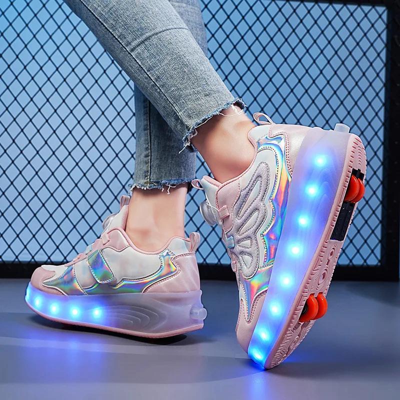 LED Speed Roller Skates for Children Racing Ice Skating Sneaker with Wheels NEW 4 Wheels Roller Skates Shoes for Boys and Girls