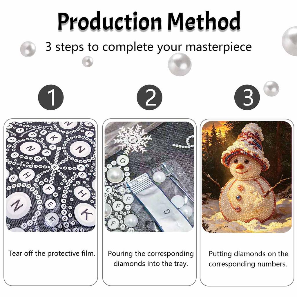 DIY Framed Pearl Bead Art Kit Snowman Christmas Pattern Sparkling Canvas Painting Creative Craft for Desk Wall Decor Holiday Home Art Gift