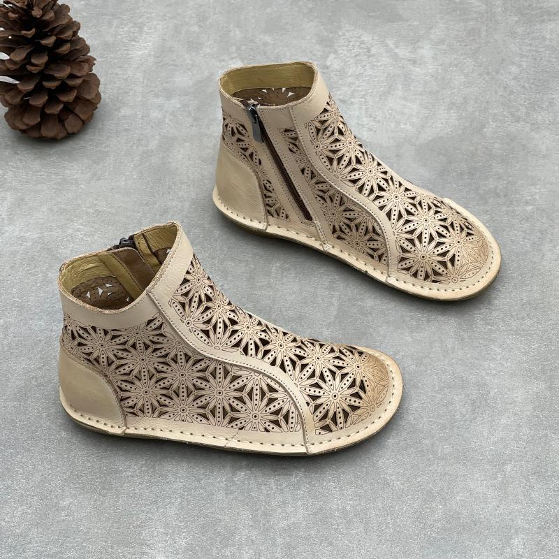 

Johnature Vintage Handmade Genuine Leather Summer Boots Flat Round Toe Breathable Hollow Out Women s Shoes 40 абрикосовий