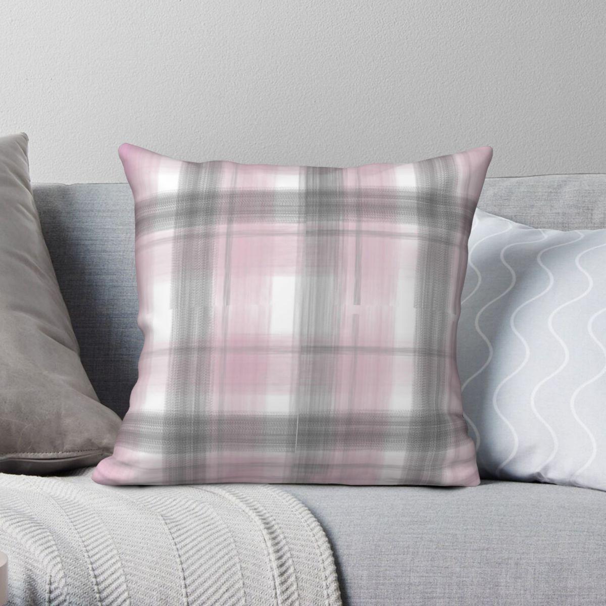 Lu Xika Chen Unisex Pink/Grey And Plaid Square Pillowcase Polyester Linen Velvet Creative Zip Decorative Pillow Case Home Cushion Case