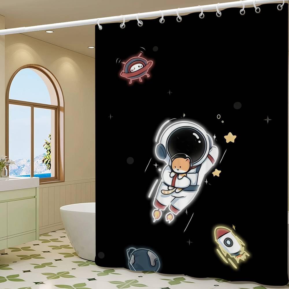 Cartoon Space Astronaut Simple Shower Curtain Bathroom Shower Curtain Easy To Clean And Scrub Polyester Waterproof Light Opaque
