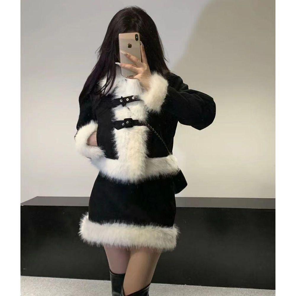 Korean Style Eco-Friendly Fur Collar Jacket and Long Skirt Set S 75-90 lbs