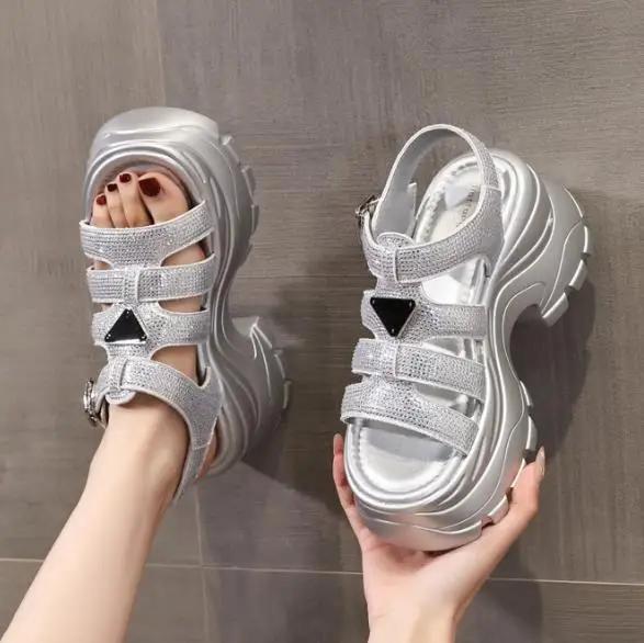 Fashion High Quality 8CM Synthetic Microfiber Leather Women Sandals Flats Chunky Sneakers Hollow Bling Vulcanize Platform Wedge Shoes