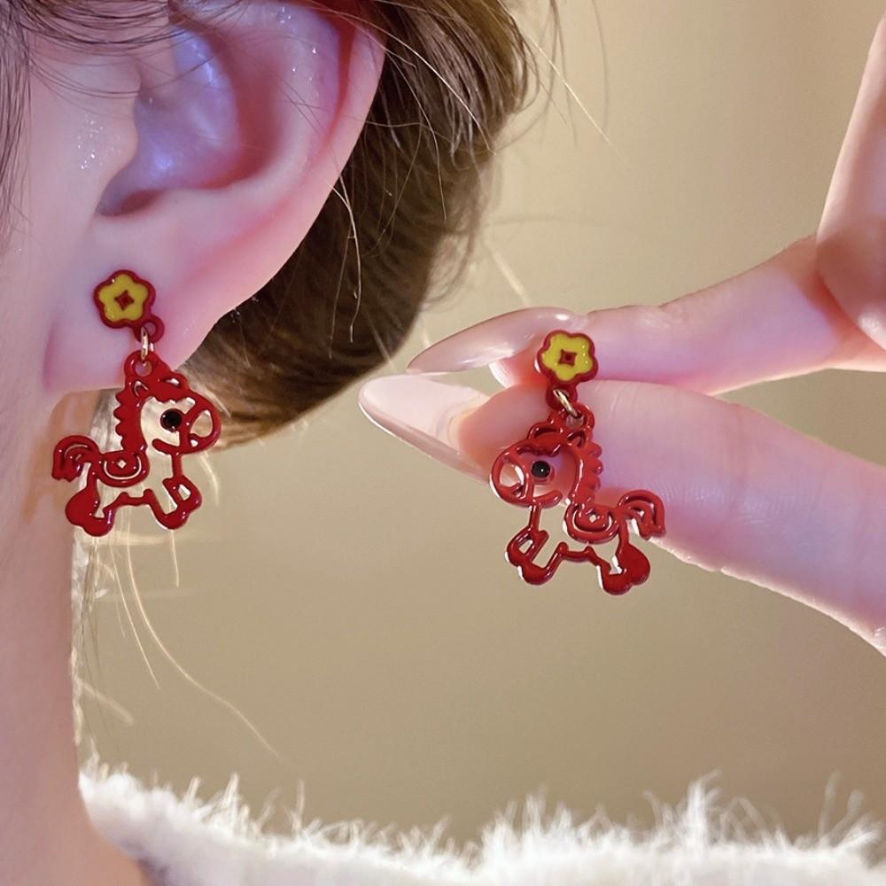 Chinese Style Red Pony Earrings Cartoon Horse Horse Mascot Drop Earrings  Party