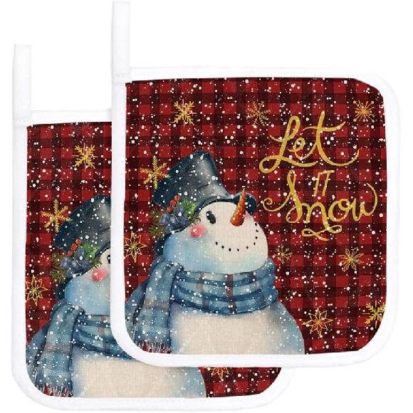 Pot Holders Set of 2,Cute Snowman Christmas Gold Snowflake Seamless Potholder for Kitchen Heat-Proof Hot Pads,Red Black Buffalo Plaid Hot Mats 8.25x8.25in-2PCS