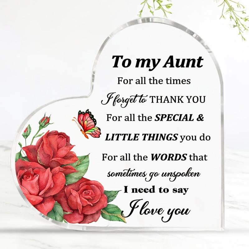 2D Flat, "To My Aunt" Heart Acrylic Decor Sign, Red Roses & Green Foliage Design, Home Decor Plaque Hanging Wall Art Decorative Garden Decoration for