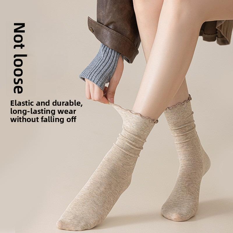 Black Fungus Edge Socks, Women's Solid Color Cotton Mid-calf Socks, Boneless Pile Socks for All Four Seasons, Rolled-up Postpartum Socks, Long Socks