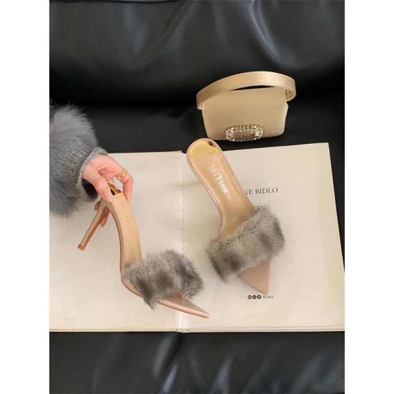 2025 Spring and Autumn New Fashion Versatile Mao Mao High Heel Cool Slippers Women's Fashion Outer Wear Versatile Pointed Heel