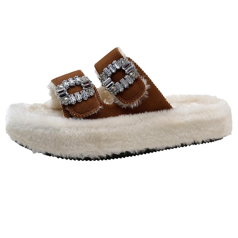 Internet celebrities popular rhinestone square buckle lamb fur fur integrated flat bottom cotton drag open toe casual warm fluffy slippers women