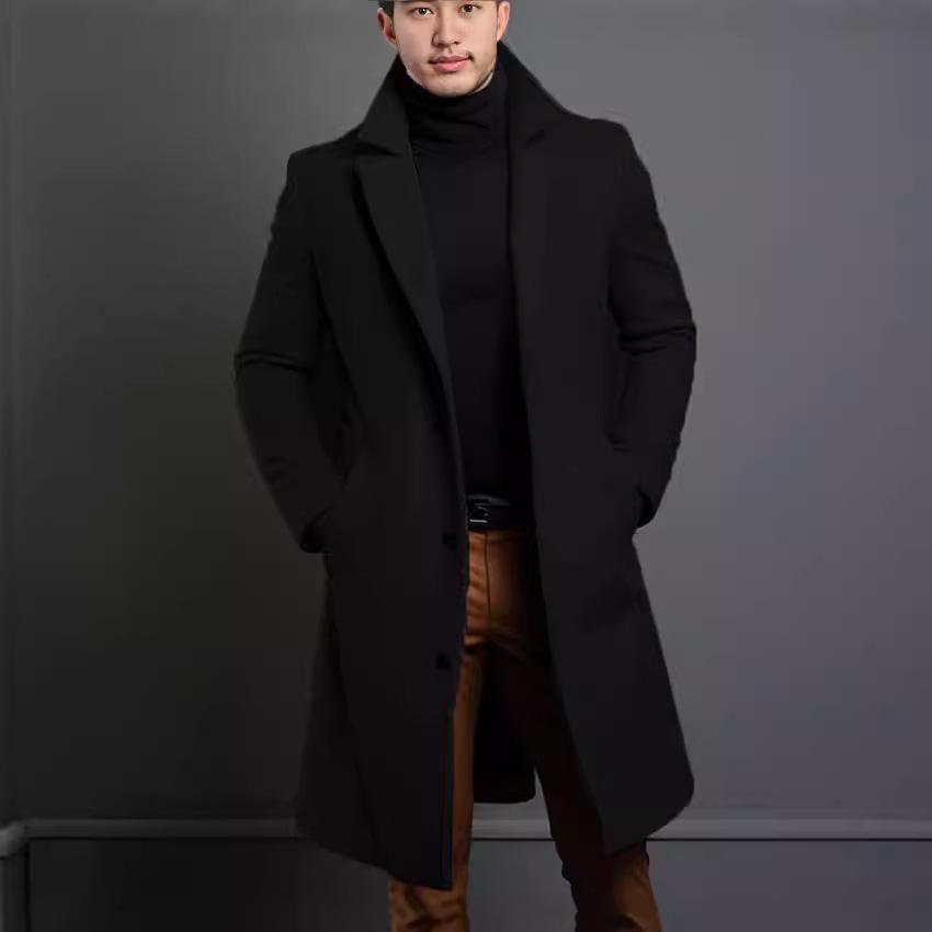 Men's Mid-Length Solid Color Woolen Coat - Warm Autumn/Winter Jacket