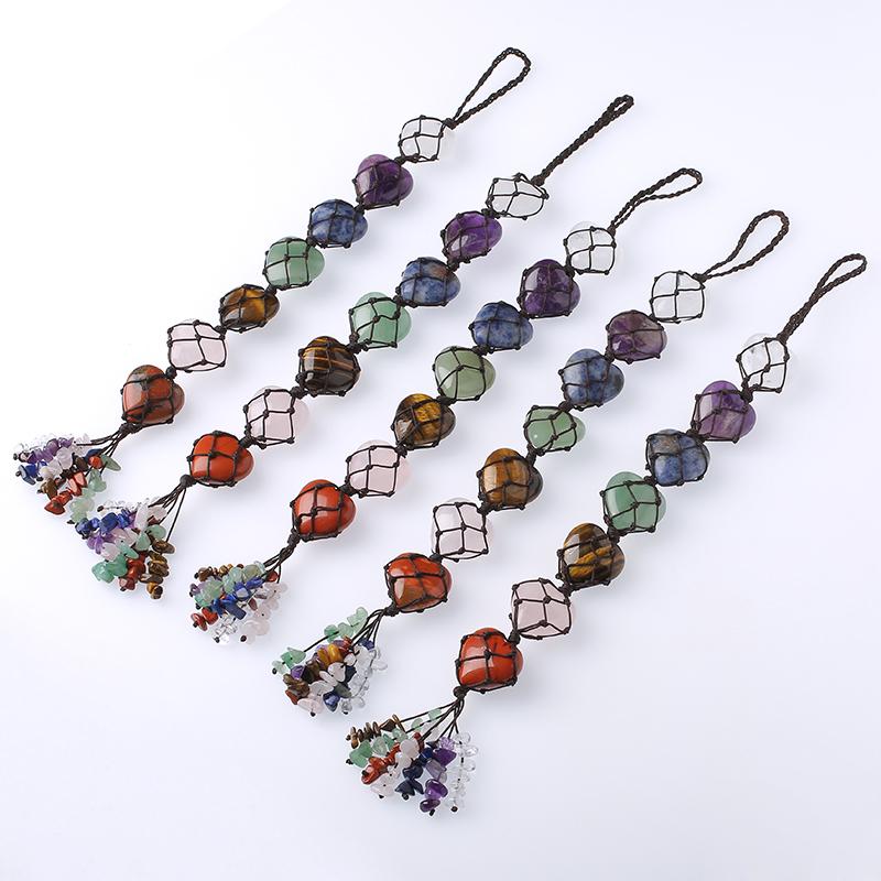 Healing Crystals Stone Car Hanging Mixed Quartz 7 Chakra Heart Shape Stone Pendant for Decoration