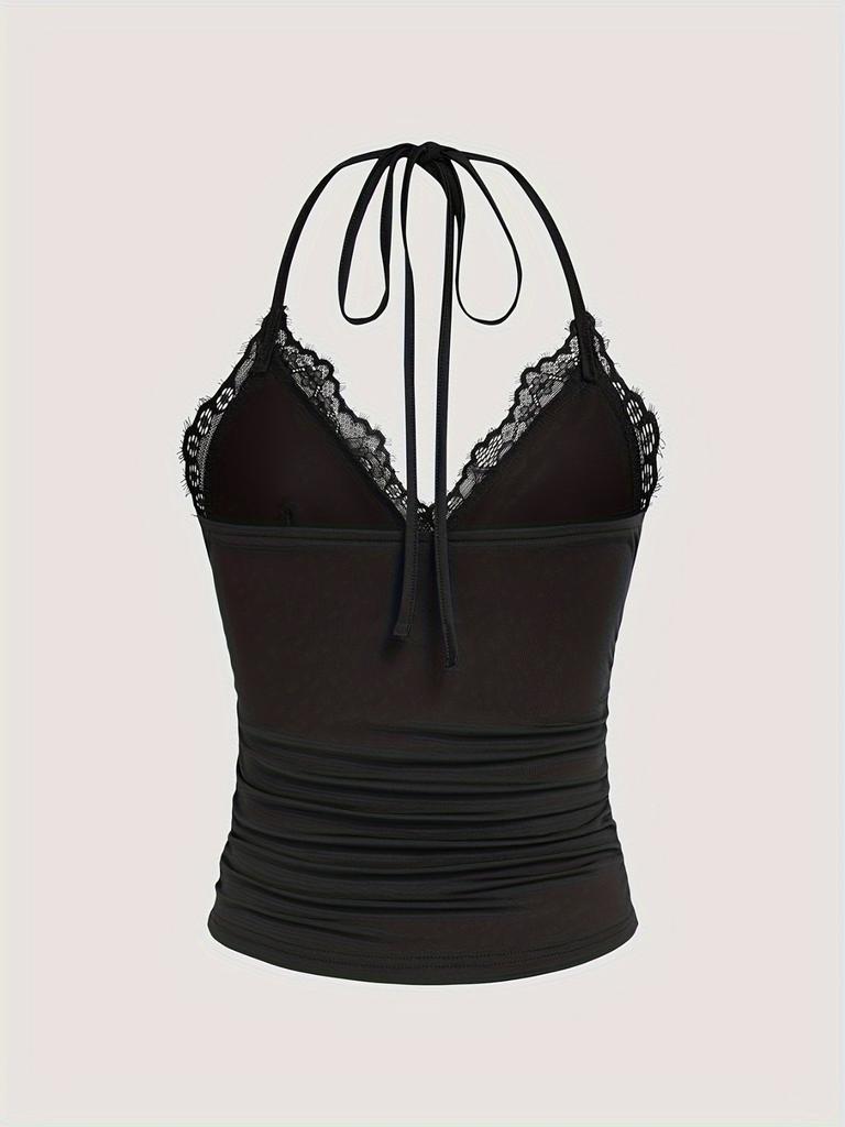Women's V-neck Camisole With Lace And Pleated Straps, Hanging Neck Vest