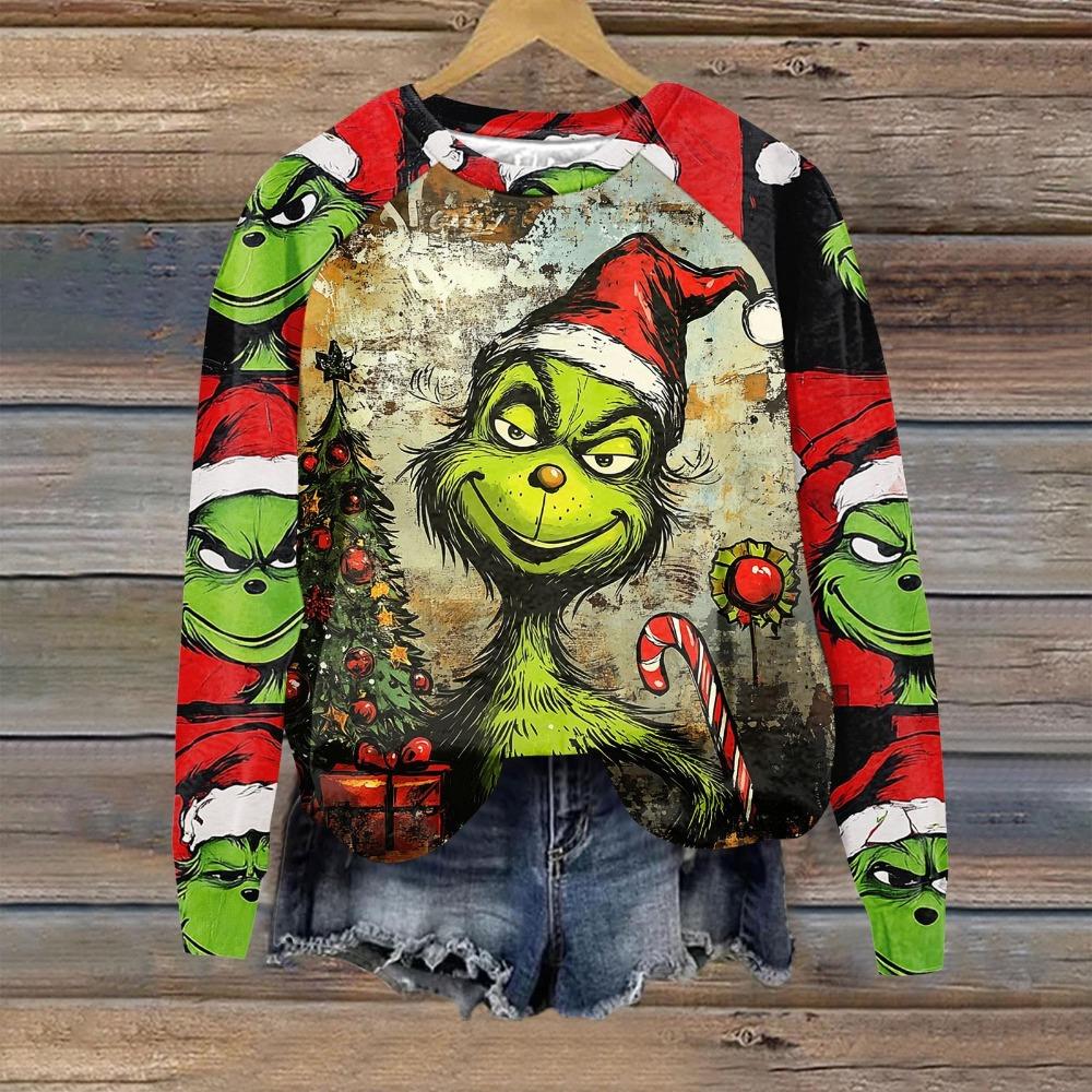 Christmas Fashion Men and Women's Pullover Green Monster Print O-Neck T-shirt Top Casual Outdoor Sweatshirt Kids T-shirt Top Clothing