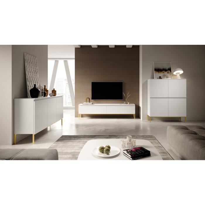 Meuble TV - BEMMI - 150 cm - blanc avec pieds dorés