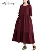 Korean Style Plus Size Spring Autumn Women Midi Dress O Neck Red Green Brown Burgundy Oversized Dress Lace Up Embroidery Cotton Dress