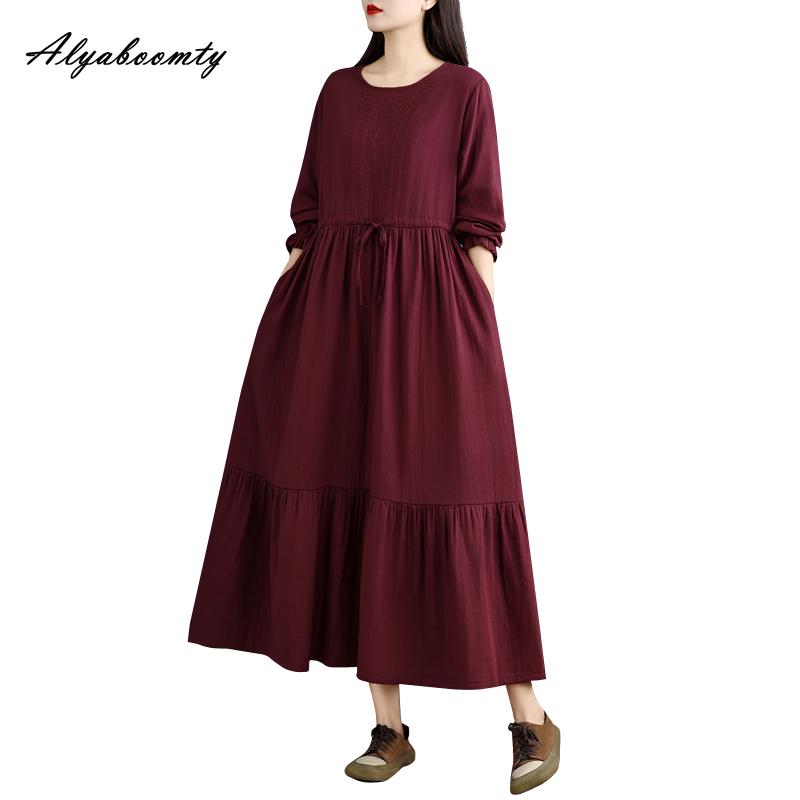 Korean Style Plus Size Spring Autumn Women Midi Dress O Neck Red Green Brown Burgundy Oversized Dress Lace Up Embroidery Cotton Dress