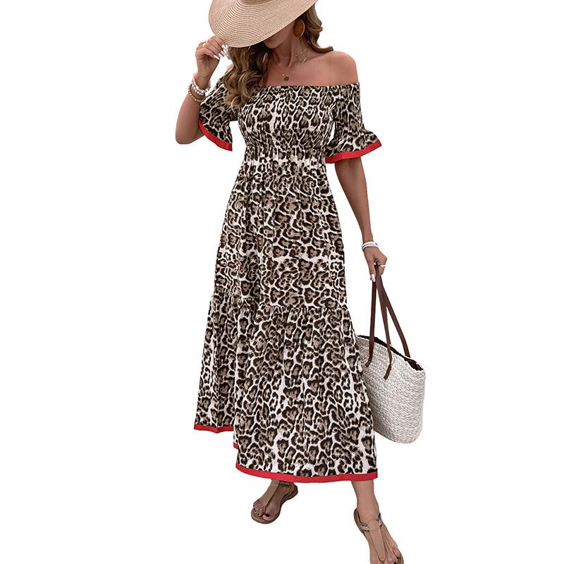 2025 new retro off-the-shoulder mid-length dress fashionable personalized lotus leaf sleeve leopard print dress