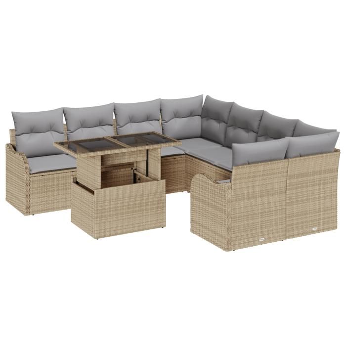 9 Piece Garden Sofa Set with Beige Poly Rattan Cushions, 2 Seater Garden Sofa with Storage &; Cushions 3357173