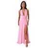 New Summer Women's Clothing Temperament Solid Color Lace-up Sexy Backless Slit Neck Slim Dress