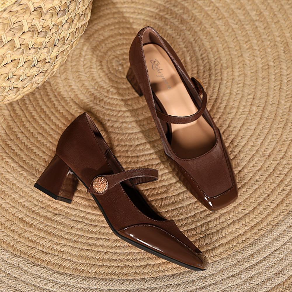 Módní boty na vysokém podpatku s hranatou špičkou a jedním páskem Dámské 2025 Nové silný podpatek plus velikost Dámská obuv Francouzské lodičky