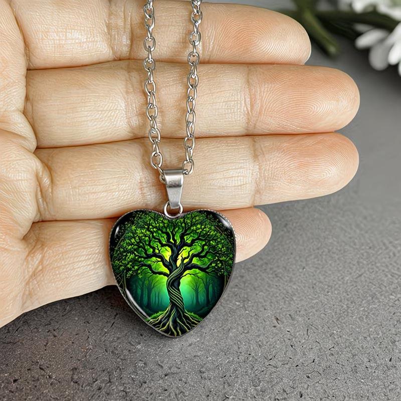 Tree of Life Heart Shaped Necklace Glass Pendant Handmade Men's Jewelry Unisex