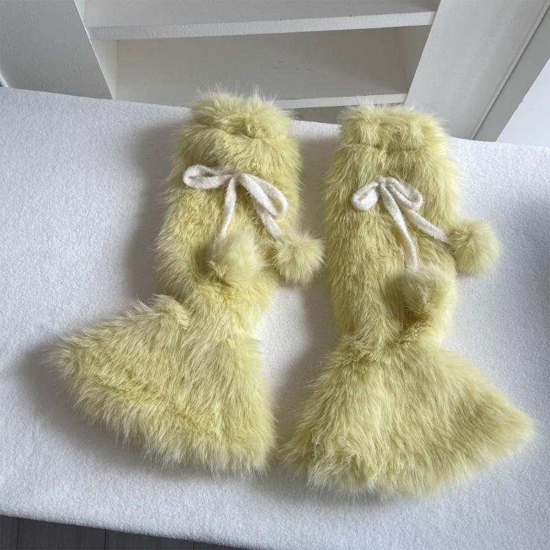 Plush Leg Warmers for Fall and Winter Layering, with Flared Lower Openings, and Bowknot Accent, Thick Faux Furs Boot Covers Long Socks for Women