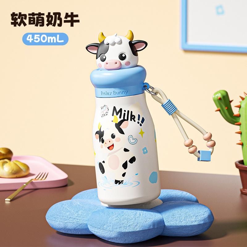 Cute Cartoon Children's Thermos Cup 111 Stainless Steel Straw Cup Portable Student Water Cup with Lifting Rope Value Gift