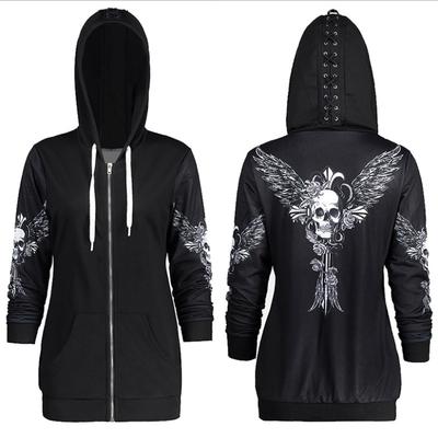 Damenmode-Jacke, Schnür-Kapuzenjacke, Totenkopf-Motiv, Gothic-Punk-Langarm-Kapuzenpullover mit Reißverschluss