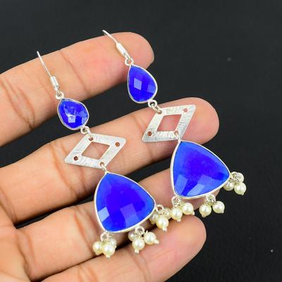 Natürliche Blaue Saphir Edelstein Tropfen/Hängeohrringe 925 Silber Für Damen