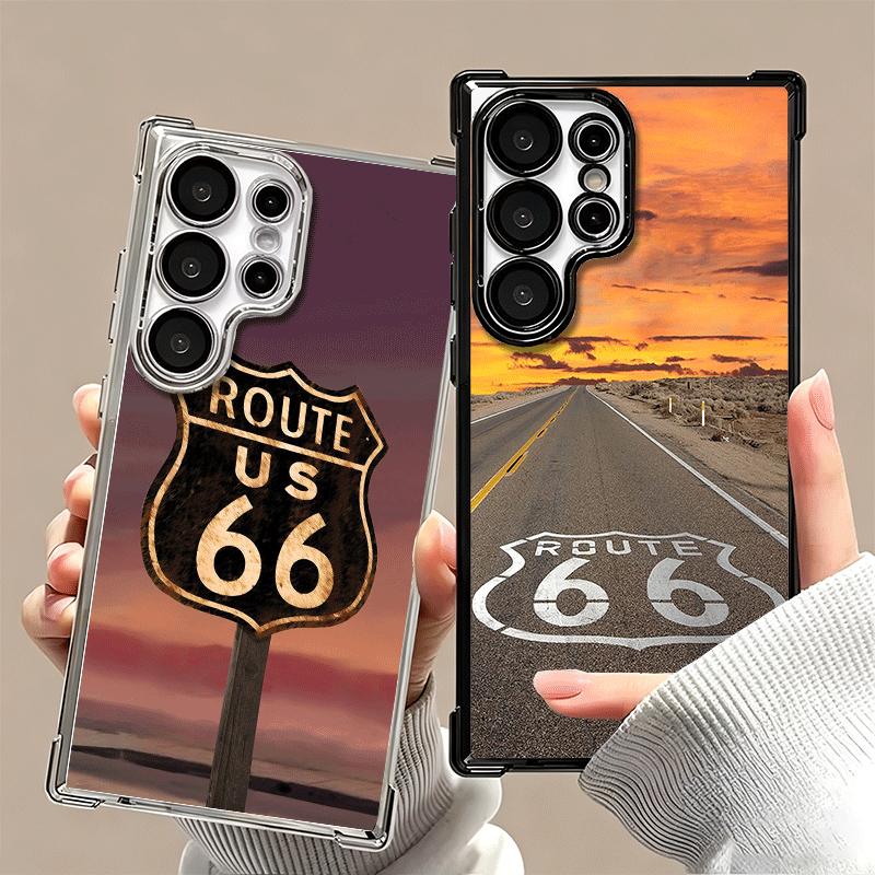 America Route 66 Plating Phone Case For Samsung Galaxy S24 S25 FE S26 Edge S23 Ultra S22 S21 Plus S20 Anti-Fall Airabag Cover
